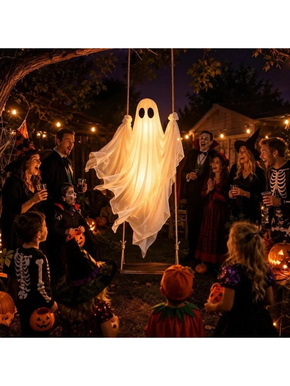 2 Pack Outdoor Halloween Decorations - Hanging Swing Ghosts 4-8FT for Spooky Fun